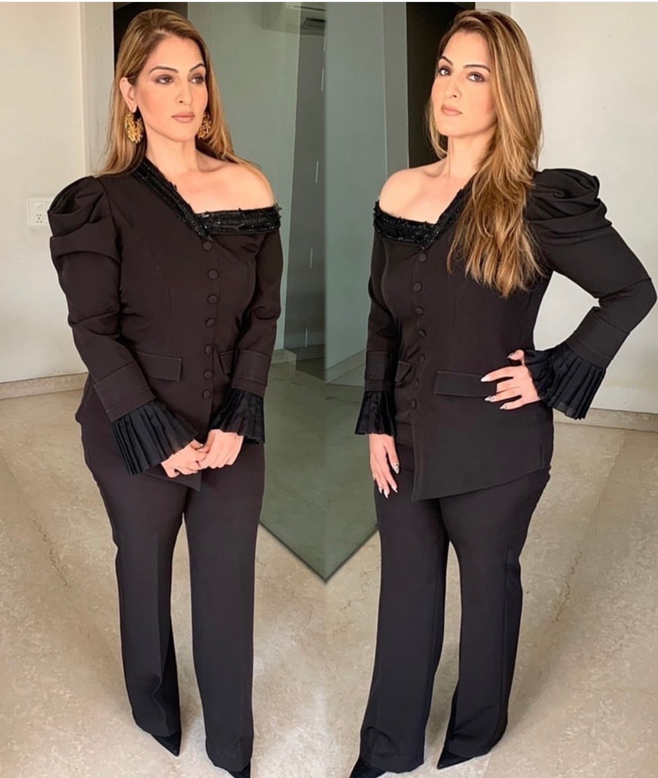 Stunning @makeupaddict_jazz in our drop shoulder formal co- ord set with super chiq neck detailing and organza tan sleeves