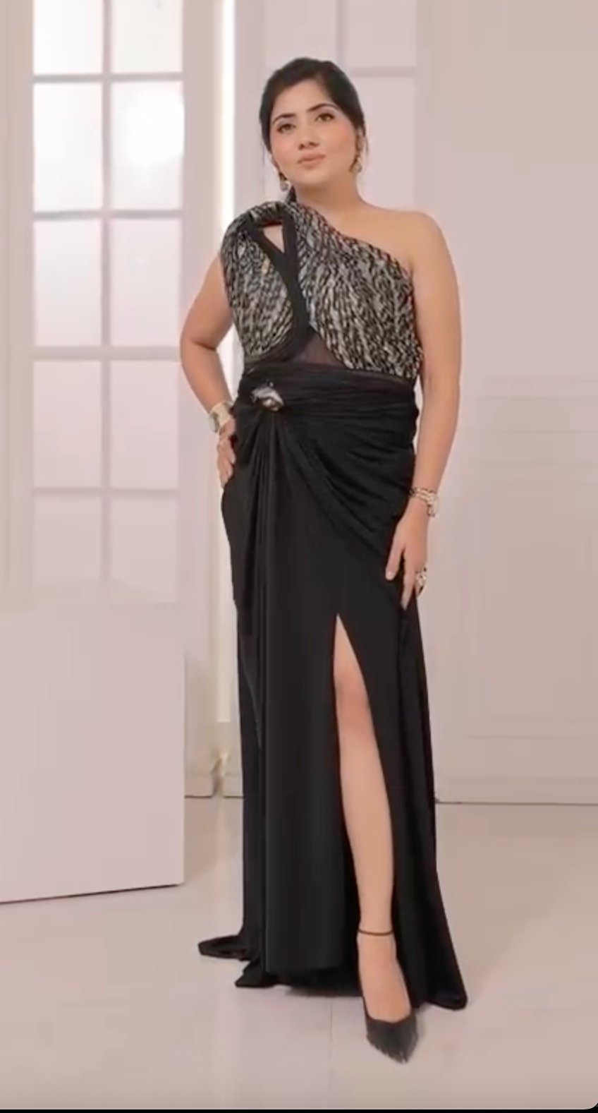 Banarasi Wired Corset with Lycra Draped High-Slit Gown | Designer Evening & Wedding Wear
