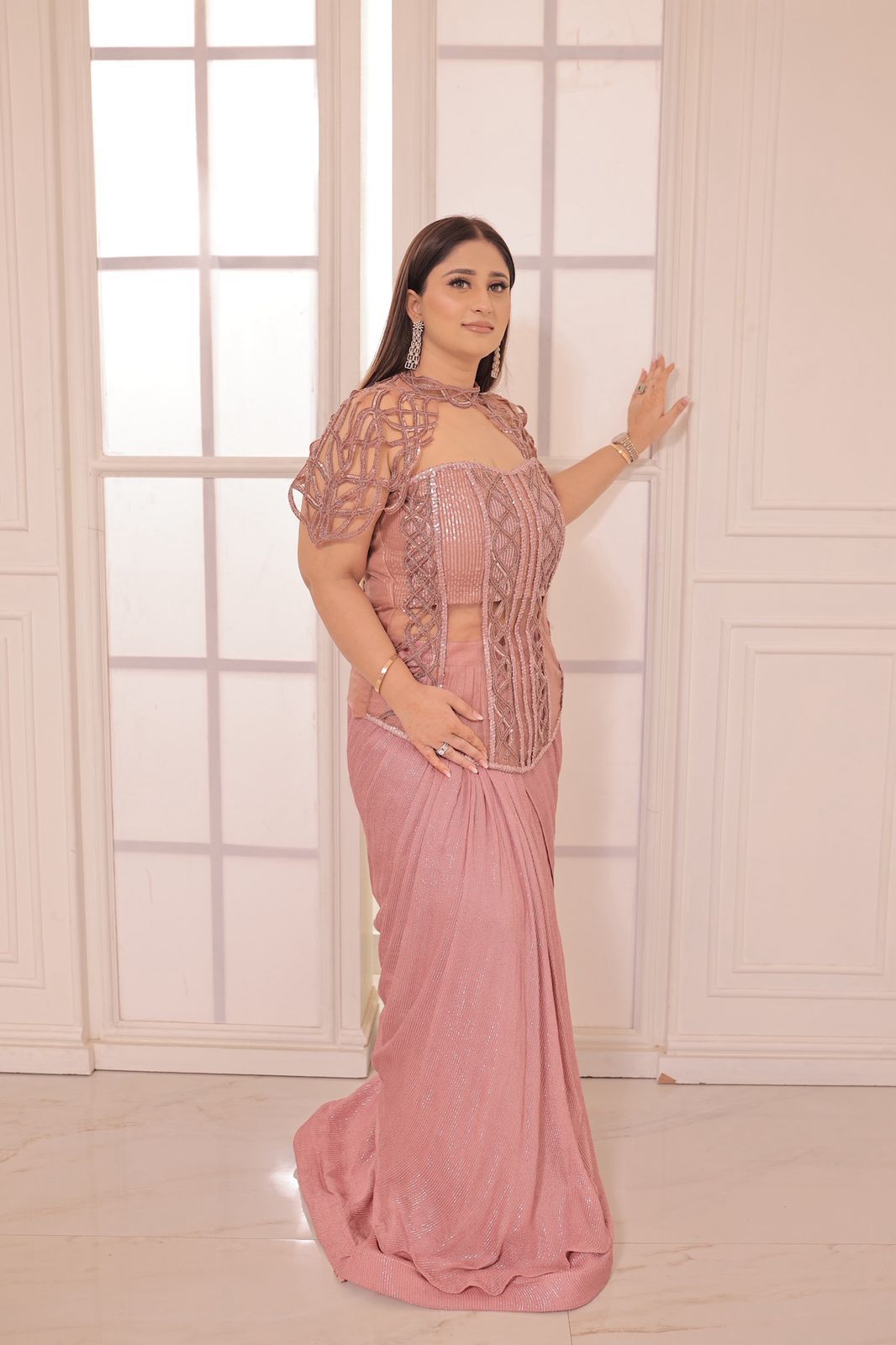 Pleated Draped Skirt Set with Handwork Corset Bustier & Collar Sleeves | Designer Occasion Wear