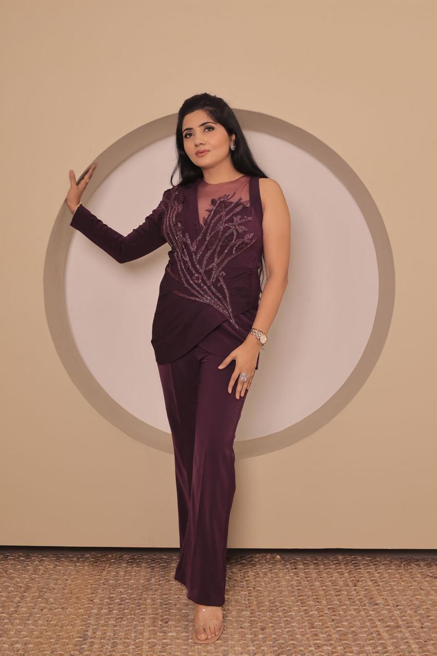 Banana Crepe Co-ord Pant Set with Handwork Embroidery & Transy Neck Design | Designer Occasion Wear